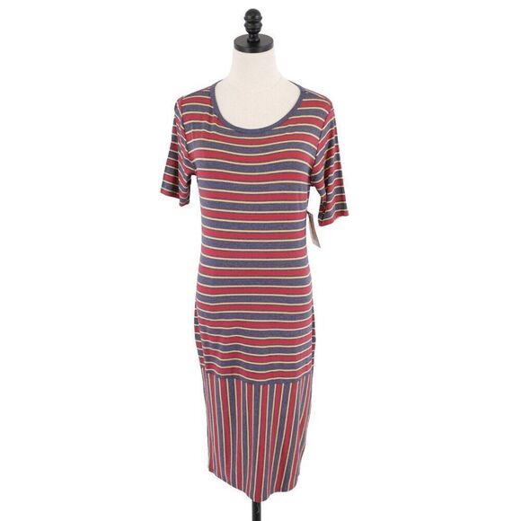 NEW LuLaRoe Julia Gray Red Striped Bodycon Dress Medium Short Sleeve Scoop Neck - Picture 1 of 9
